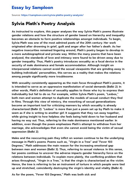 Sylvia Plaths Poetry Analysis Free Essay Sample On Samploon