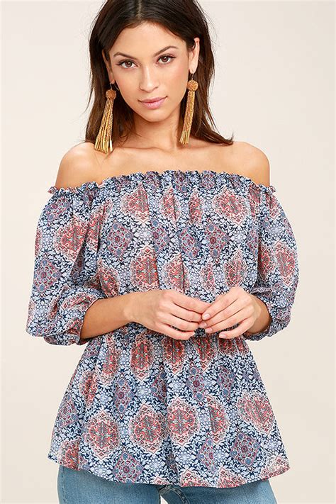 Cool Light Blue Top Print Top Off The Shoulder Top 42 00 Lulus