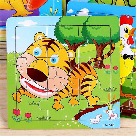 1-3 Years old children's animal puzzle toy wooden 5pcs cartoon puzzle ...