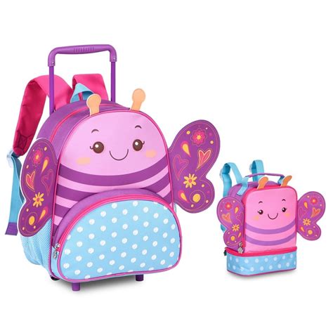 MOCHILA DE CARRINHO E LANCHEIRA ESCOLAR INFANTIL BICHINHOS BORBOLETA