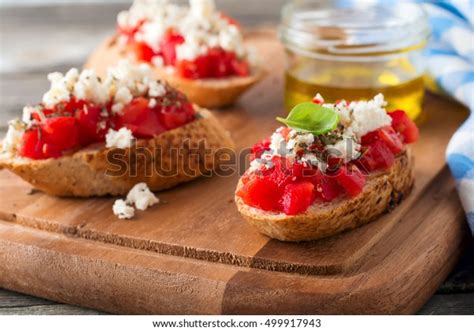 Bruschetta Tomatoes Feta Cheese Basil Traditional Stock Photo 499917943