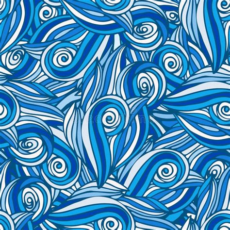 Doodle Wavy Repeating Pattern Blue Waves Vector Tropical Background