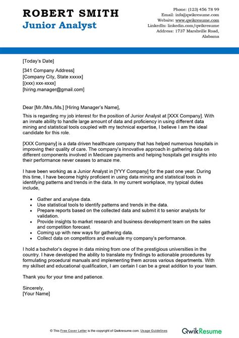 Junior Analyst Cover Letter Examples Qwikresume