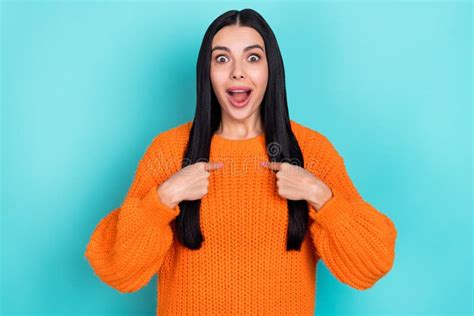 Photo Of Funny Impressed Woman Wear Orange Sweater Pointing Fingers