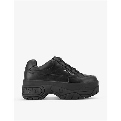 NAKED WOLFE Stomper Logo Embossed Leather Trainers Black Editorialist