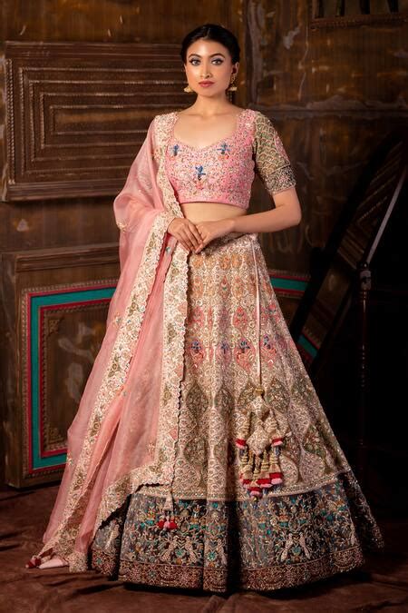 Buy Pink Dupion Silk Hand Embroidered Vintage Bridal Lehenga Set For