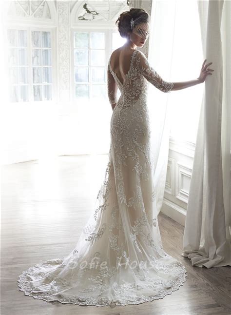 Mermaid Illusion Neckine V Back 3 4 Sleeve Lace Wedding Dress