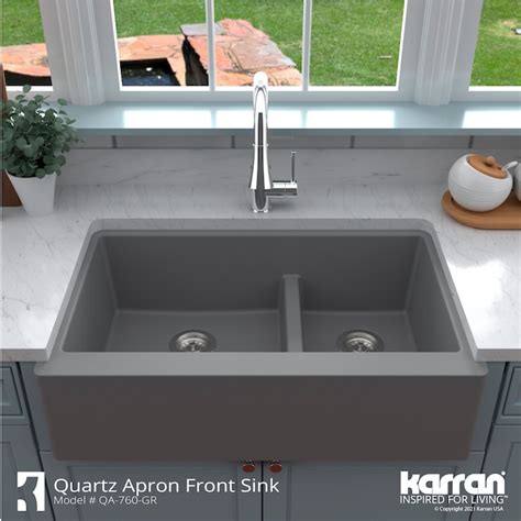 Karran Farmhouse Apron Front 34 In X 2125 In Grey Quartz Double Offset Bowl Kitchen Sink Qa 760