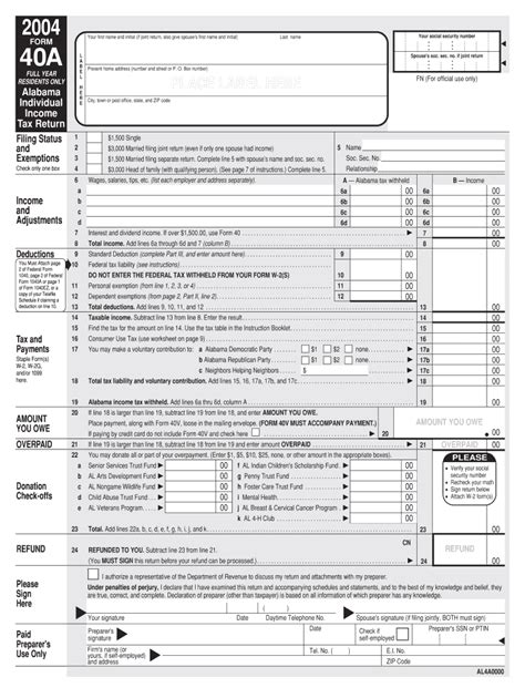 Alabama Individual Income Tax Return Form 40 Fillable Printable Forms