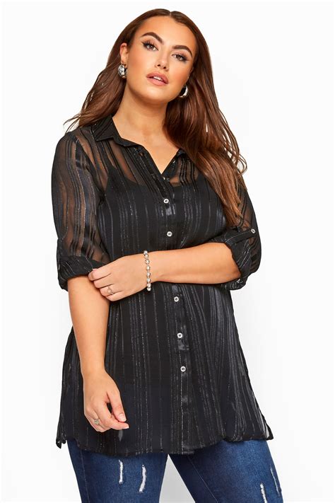 Yours London Black Metallic Chiffon Striped Shirt Yours Clothing