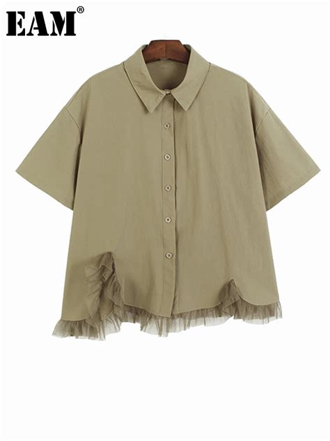 EAM Women Khaki Ruffles Mesh Big Size Blouse New Lapel Short Sleeve