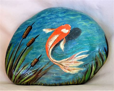 Fish Garden Rock Both Sides Painted Koi Pond Art Hand Etsy Garden