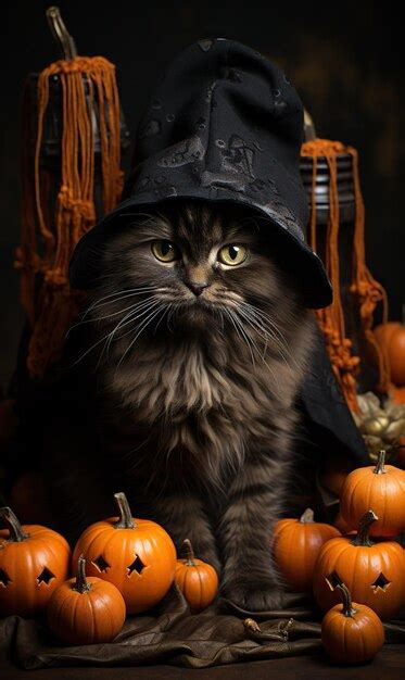 Premium AI Image Black Cat And Pumpkins Halloween Background