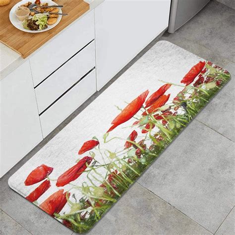 Qinco Anti Fatigue Kitchen Floor Mathand Painting Poppy Flower Printed