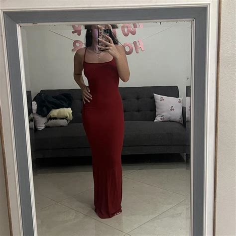 Skims fits everybody long slip dress in red size xs... - Depop