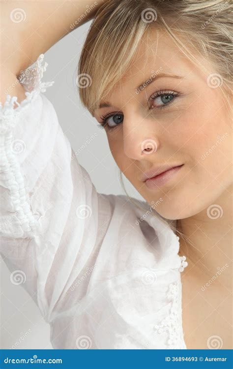 Blonde In A White Blouse Stock Image Image Of Makeup