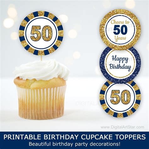 Printable 50th Birthday Cupcake Toppers Digital Download Etsy