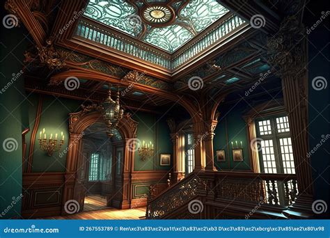 Dark Victorian Mansion Wooden Ceiling Interior Illustration With