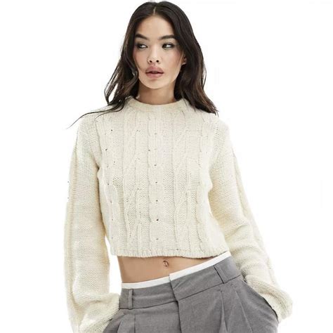 Glassons White Jumper Cable Knit Cropped Jumper Depop