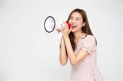 Premium Photo Young Asian Woman Holding Megaphone Isolated On White