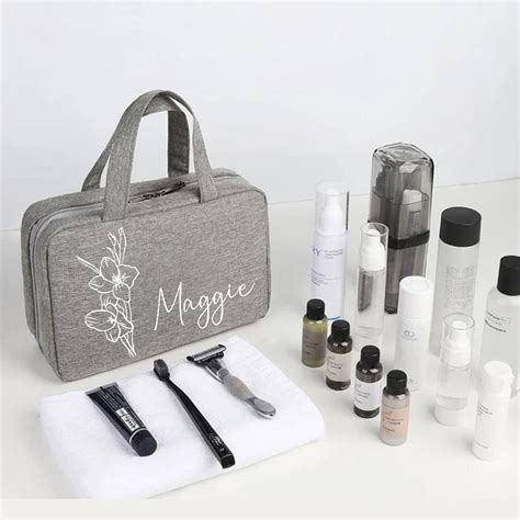 Personalized Name and Birth Flower Cosmetic Travel Bag, Foldable Make up Organizer, Makeup Bag ...