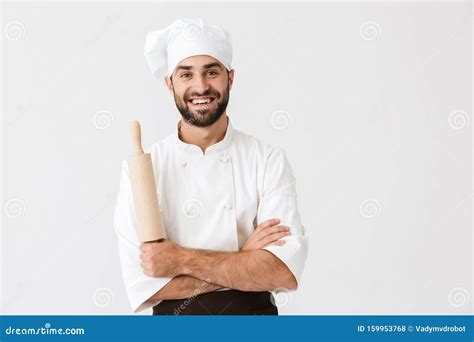 Image Of Happy Chief Man In Cook Uniform Smiling While Holding Kitchen