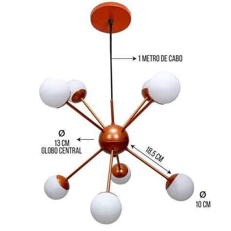 Lustre Pendente Sputnik Tomo Cobre Hastes Globos Vidro Leitoso