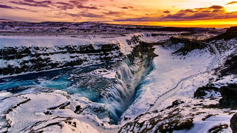 Wallpaper Nature Landscape Island Gullfoss Waterfall Winter Snow Sunset Sky Clouds