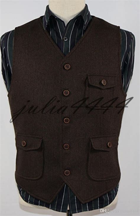 Dark Brown Groom Vests Country Wedding Wool Herringbone Tweed Vest