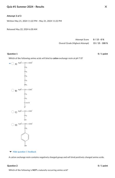 Bioc 2580 Quiz 1 Attempt 3 Quiz 1 Summer 2024 Results Attempt 3 Of