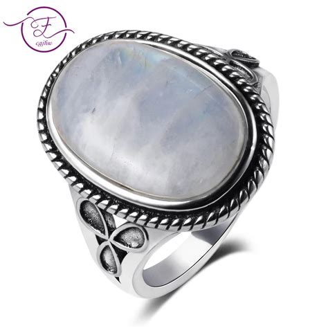 Natural Moonstone Rings for Men Women's Silver 925 Jewelry Vintage Party Rings With 11x17MM Big ...