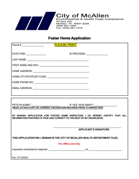 City Of McAllen Texas Foster Home Application Fill Out Sign Online