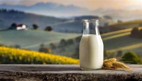 Premium Photo | Liter of milk on a table and a meadow in the background ...