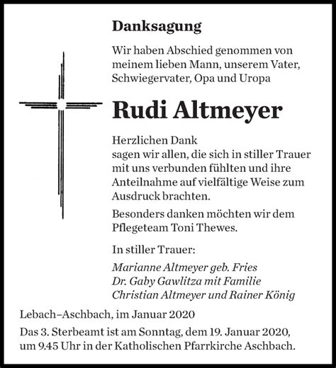 Traueranzeigen Von Rudi Altmeyer Saarbruecker Zeitung Trauer De