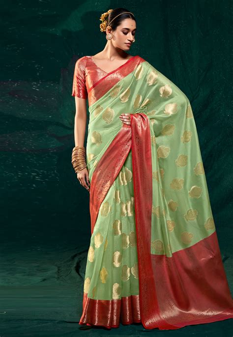 Pista Green Satin Saree With Blouse