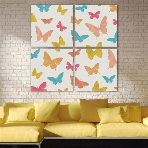 Ownta Butterflies Yellow Blue Orange Pattern 4pc Frameless Canvas Wall