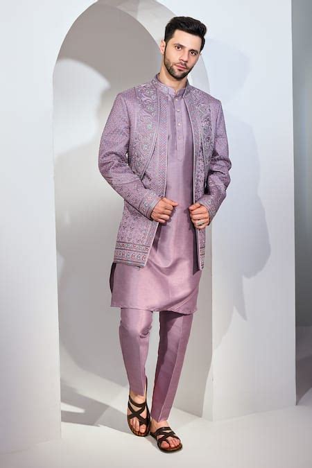 Buy Purple Silk Blend Embroidery Phool Jacket Kurta Set For Men By