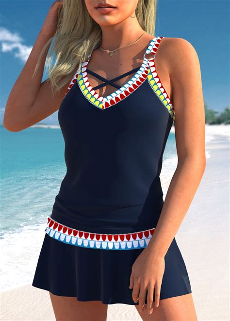 Circular Ring Low Waisted Tribal Print Navy Tankini Set Modlily