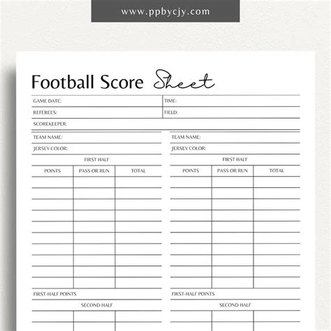 Football Score Sheet: Printable Template with Player Stats & Game ...