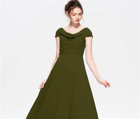 Modest LDS Dark Olive Green Bridesmaid Dress Cowl Neck EDresstore