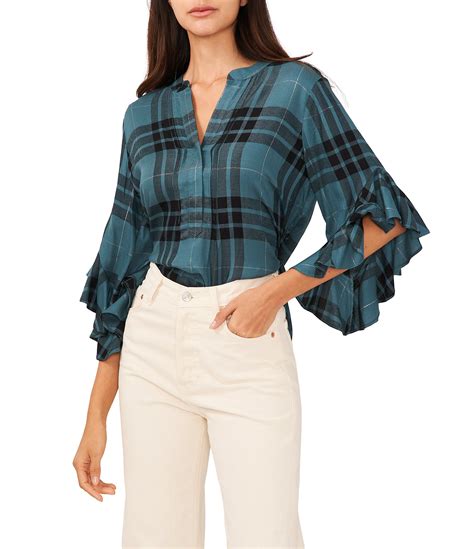 Vince Camuto Woven Plaid Print 3 4 Ruffle Sleeve Y Neck Top Dillard S