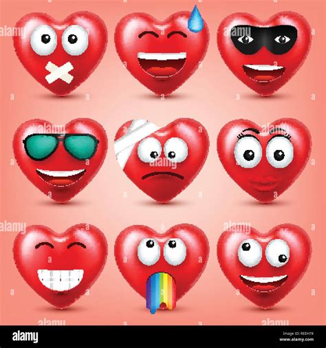 Heart Smiley Emoji Vector Set For Valentines Day Funny Red Face With