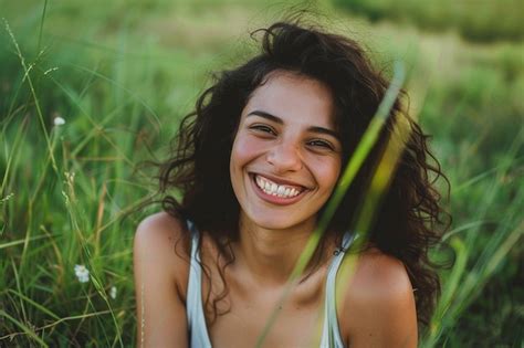 A Smiling Woman Sitting In The Grass Premium Ai Generated Image