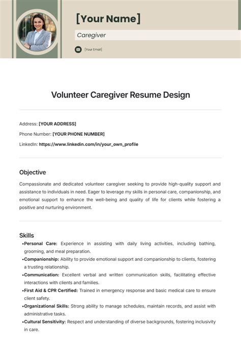 Free Volunteer Caregiver Resume Design Template To Edit Online
