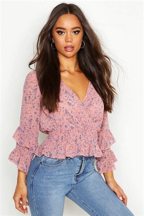 Woven Floral Print Ruffle Detail Blouse Tops Women Blouses Women Ladies Tops Fashion