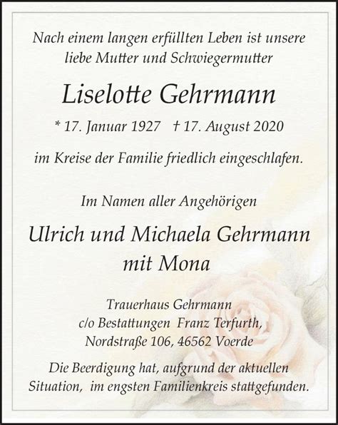 Traueranzeigen Von Liselotte Gehrmann Trauer In Nrw De