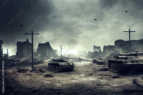 Battlefield with broken tanks from World War II. Destroyed equipment ...