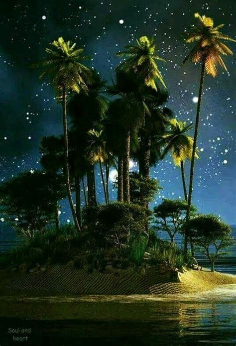 An Island With Palm Trees And Stars In The Sky