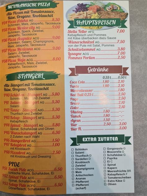 Speisekarte Von Stella Kebap Pizza Graz