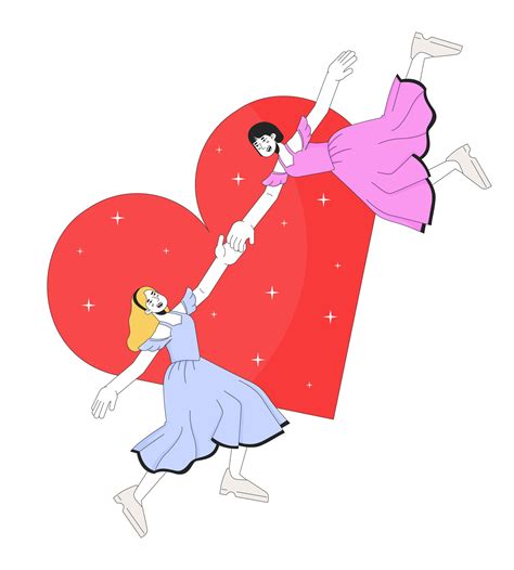 Lesbian Women Falling At First Sight D Linear Illustration Concept Girlfriends Gay Cartoon